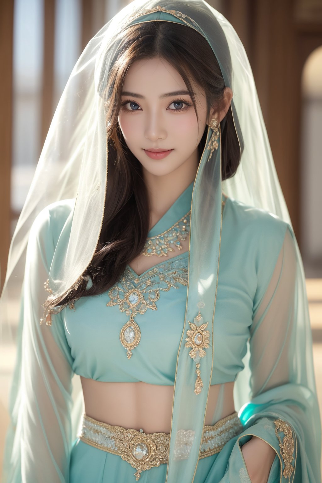 ancient persian palace,16 yo,1 girl,beautiful girl,hair_past_waist,very long hair,curly hair,dark brown hair,blue eyes,wearing persian outfits,wearing transparent veil,transparent face veil,accessories,smile,she is holding 2 swords,Best Quality, 32k, photorealistic, ultra-detailed, finely detailed, high resolution, perfect dynamic composition, beautiful detailed eyes, sharp-focus, cowboy shot,Veil,Asia
