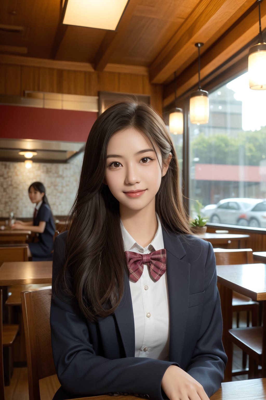 high school student,girl,school uniform,she is having food,smile,kobeyarestaurant, open kitchen, scenery, chair, table, ceiling light, indoors, lamp, cup, restaurant, light, realistic,Best Quality, 32k, photorealistic, ultra-detailed, finely detailed, high resolution, perfect dynamic composition, beautiful detailed eyes, sharp-focus, cowboy_shot,kobeyarestaurant,Asia