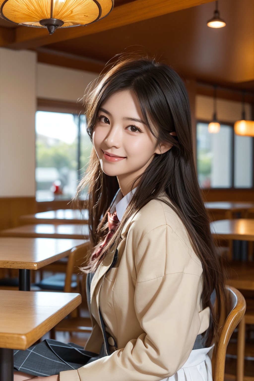 high school student,girl,school uniform,she is having food,smile,kobeyarestaurant, open kitchen, scenery, chair, table, ceiling light, indoors, lamp, cup, restaurant, light, realistic,Best Quality, 32k, photorealistic, ultra-detailed, finely detailed, high resolution, perfect dynamic composition, beautiful detailed eyes, sharp-focus, cowboy_shot,kobeyarestaurant,Asia