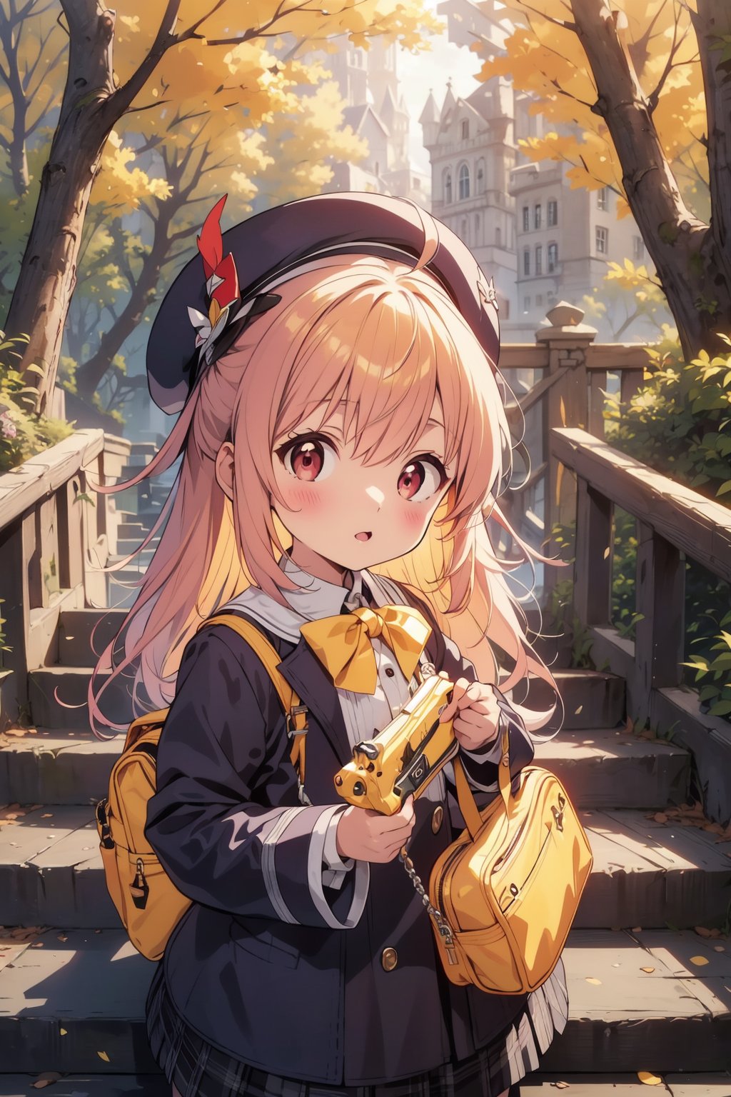 masterpiece,illustration,ray tracing,finely detailed,best detailed,Clear picture,intricate details,highlight,
anime,
gothic architecture,
looking at viewer,

nature,gothic architecture,bird,the lakeside in the heart of the forest,the staircase of the balcony,

NikkeRei,
1girl,loli,baby,long hair,hat,light red hair,
yellow bow,yellow bag,skirt,upper body,
NikkePenguin,Penguin,