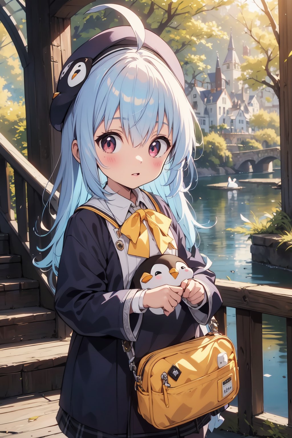 masterpiece,illustration,ray tracing,finely detailed,best detailed,Clear picture,intricate details,highlight,
anime,
gothic architecture,
looking at viewer,

nature,gothic architecture,bird,the lakeside in the heart of the forest,the staircase of the balcony,

NikkeRei,
1girl,loli,baby,long hair,hat,light blue hair,
yellow bow,yellow bag,skirt,upper body,
NikkePenguin,Penguin,