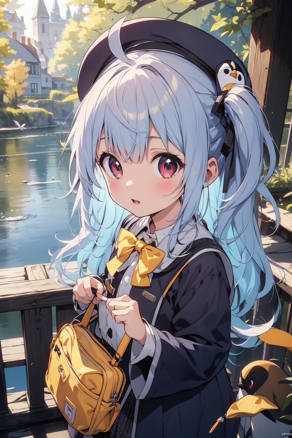 masterpiece,illustration,ray tracing,finely detailed,best detailed,Clear picture,intricate details,highlight,
anime,
gothic architecture,
looking at viewer,

nature,gothic architecture,bird,the lakeside in the heart of the forest,the staircase of the balcony,

NikkeRei,
1girl,loli,baby,long hair,hat,light blue hair,
yellow bow,yellow bag,skirt,upper body,
NikkePenguin,Penguin,