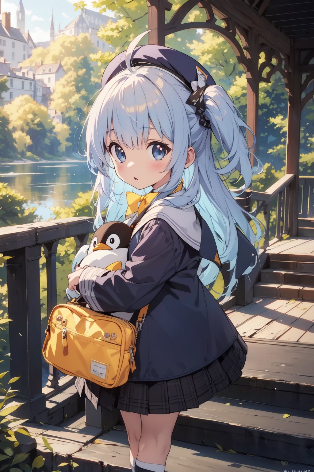 masterpiece,illustration,ray tracing,finely detailed,best detailed,Clear picture,intricate details,highlight,
anime,
gothic architecture,
looking at viewer,

nature,gothic architecture,bird,the lakeside in the heart of the forest,the staircase of the balcony,

NikkeRei,
1girl,loli,baby,long hair,hat,light blue hair,
yellow bow,yellow bag,skirt,upper body,
NikkePenguin,Penguin,