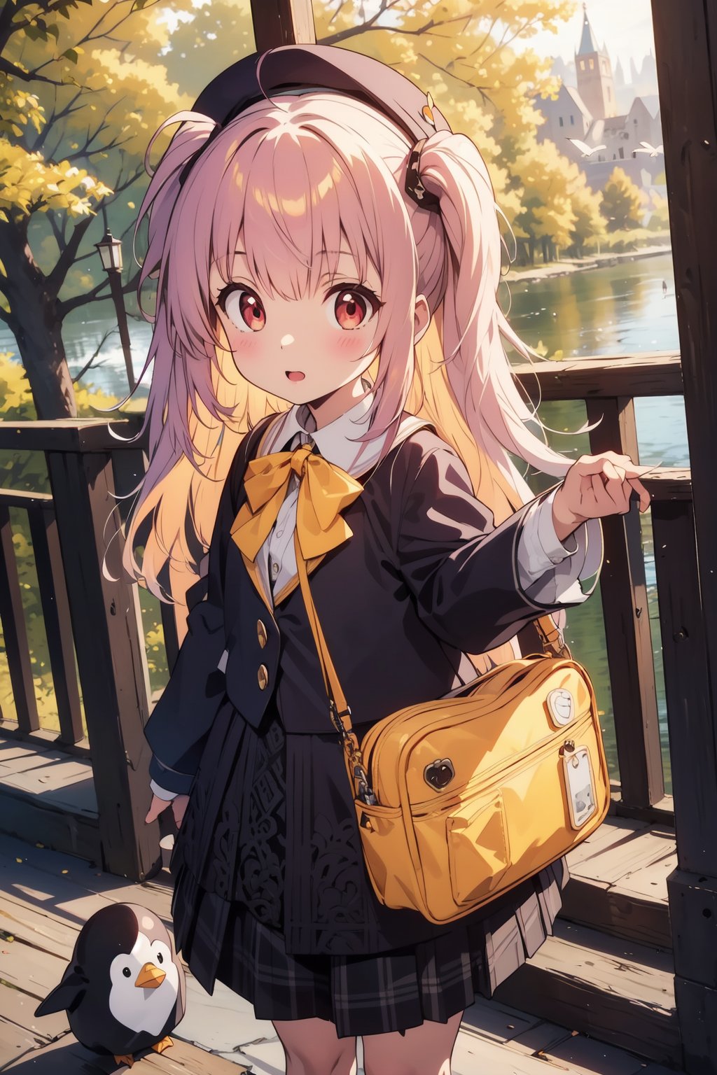 masterpiece,illustration,ray tracing,finely detailed,best detailed,Clear picture,intricate details,highlight,
anime,
gothic architecture,
looking at viewer,

nature,gothic architecture,bird,the lakeside in the heart of the forest,the staircase of the balcony,

NikkeRei,
1girl,loli,baby,long hair,hat,light red hair,
yellow bow,yellow bag,skirt,upper body,
NikkePenguin,Penguin,