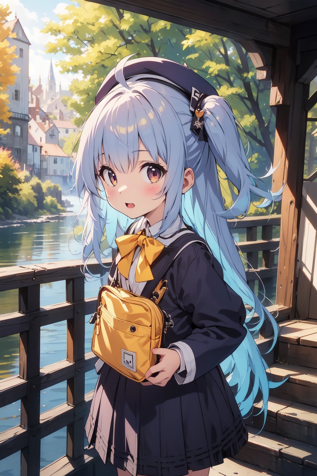 masterpiece,illustration,ray tracing,finely detailed,best detailed,Clear picture,intricate details,highlight,
anime,
gothic architecture,
looking at viewer,

nature,gothic architecture,bird,the lakeside in the heart of the forest,the staircase of the balcony,

NikkeRei,
1girl,loli,baby,long hair,hat,light blue hair,
yellow bow,yellow bag,skirt,upper body,
NikkePenguin,Penguin,