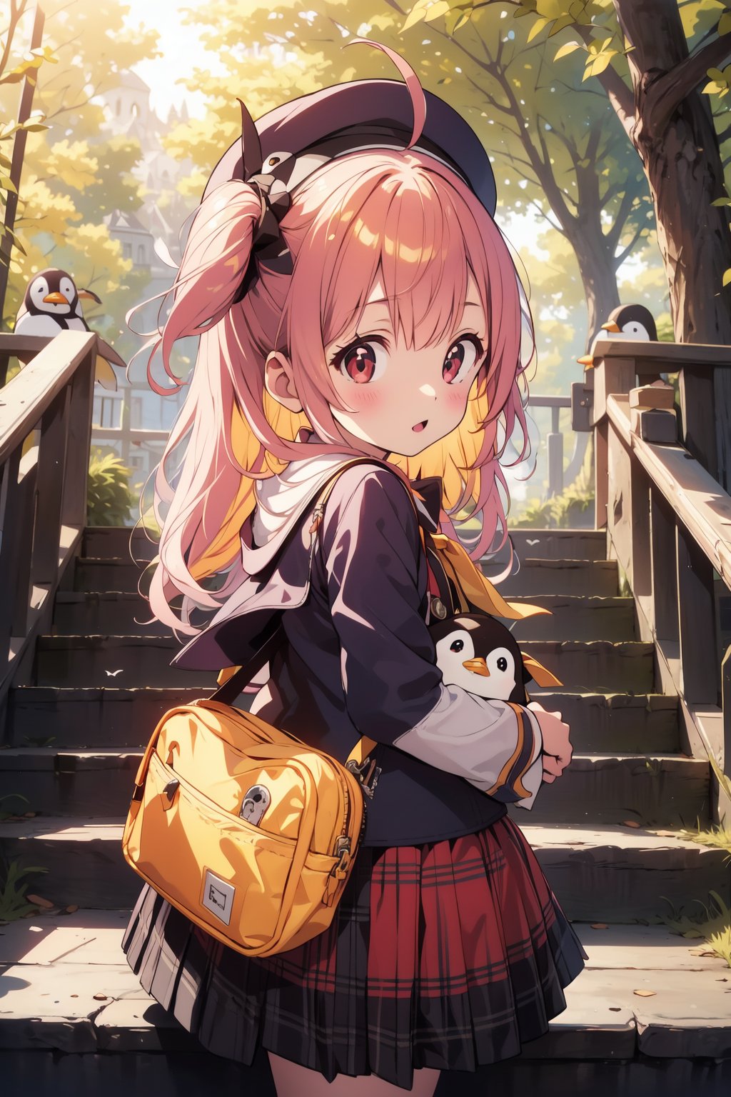 masterpiece,illustration,ray tracing,finely detailed,best detailed,Clear picture,intricate details,highlight,
anime,
gothic architecture,
looking at viewer,

nature,gothic architecture,bird,the lakeside in the heart of the forest,the staircase of the balcony,

NikkeRei,
1girl,loli,baby,long hair,hat,light red hair,
yellow bow,yellow bag,skirt,upper body,
NikkePenguin,Penguin,