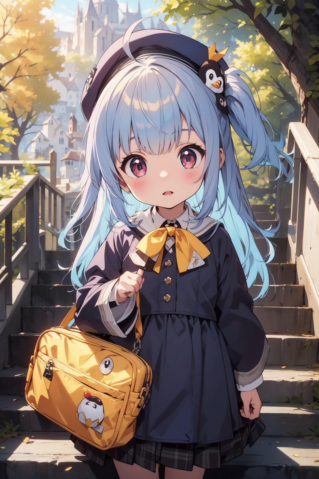 masterpiece,illustration,ray tracing,finely detailed,best detailed,Clear picture,intricate details,highlight,
anime,
gothic architecture,
looking at viewer,

nature,gothic architecture,bird,the lakeside in the heart of the forest,the staircase of the balcony,

NikkeRei,
1girl,loli,baby,long hair,hat,light blue hair,
yellow bow,yellow bag,skirt,upper body,
NikkePenguin,Penguin,