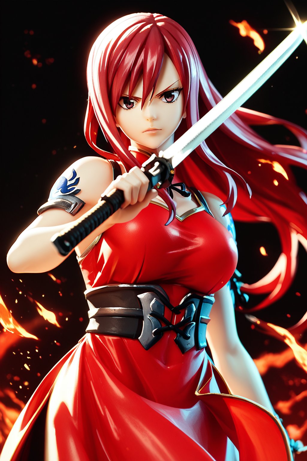 (Score_9, Score_8_Up, Score_7_Up), (Intricate Details: 1.2), Anime Style,1 girl, upper body of a woman, solo, full body,erza scarlet,DonMF1r3XL,brave perspective,facing_viewer,chinese_dress,dual_wielding,long hair,red hair