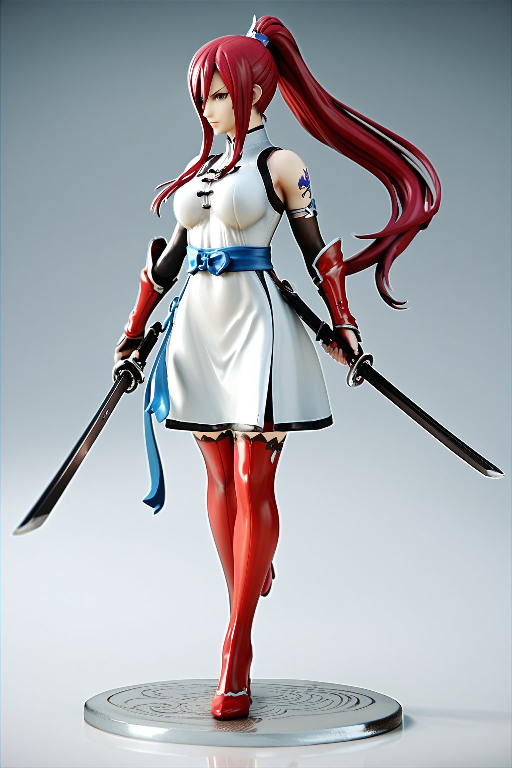 (Score_9, Score_8_Up, Score_7_Up), (Intricate Details: 1.2), 3d, Anime Style,1 girl, solo, full body, erza scarlet, DonMF1r3XL, brave perspective, facing_viewer, chinese_dress, dual_wielding, long hair(ponytail), red hair,