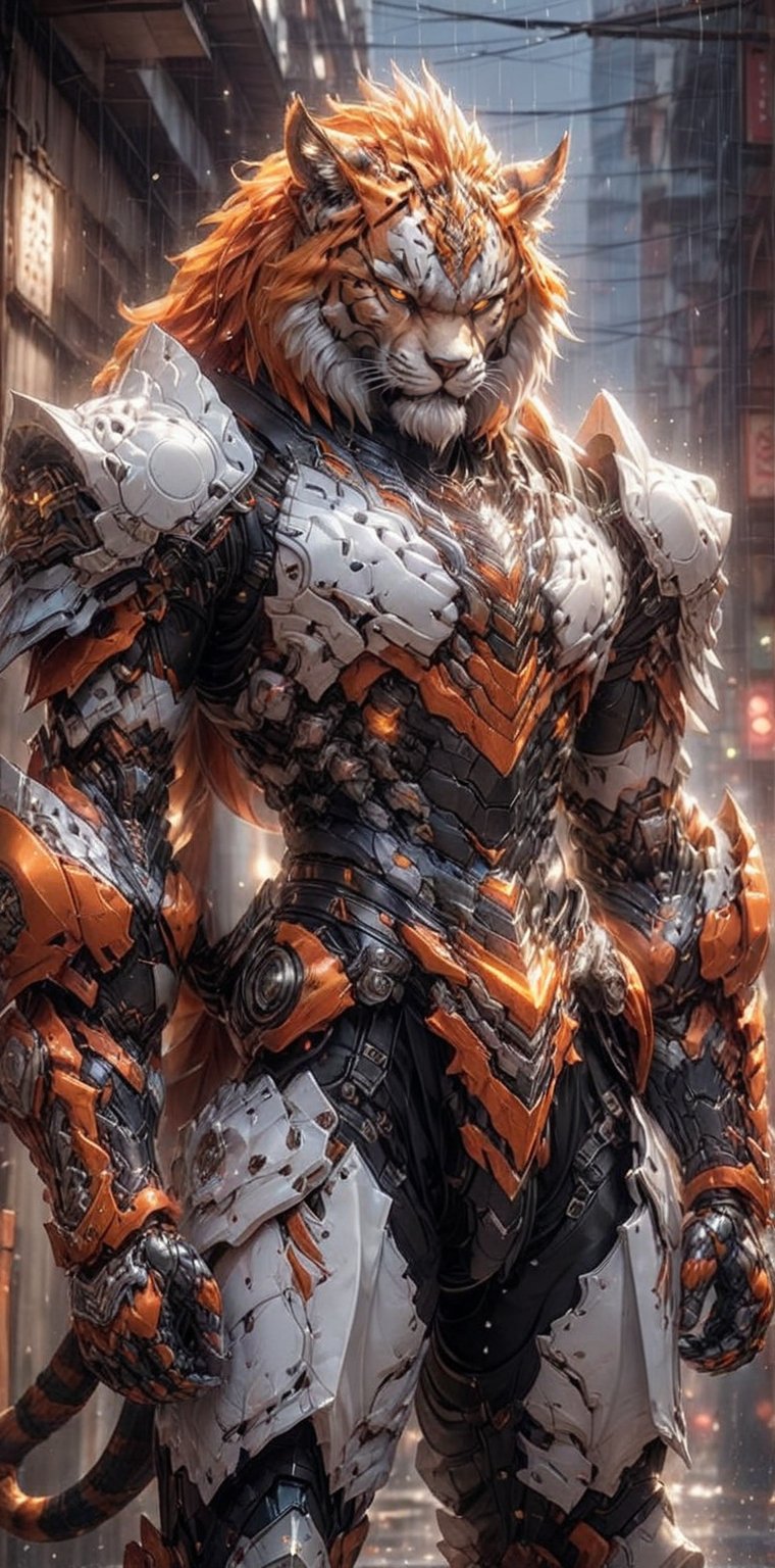 solo, long hair, looking at viewer, 1lion, animal ears, male focus, orange hair, armor, blurry, muscular, feet out of frame, scar, pectorals, muscular male, shoulder white armor, bara, pelvic curtain, furry, clenched hands, large pectorals, rain, furry male, tiger ears, lion boy, orange fur, mechanical arms, (mechanical_claws),TR mecha style