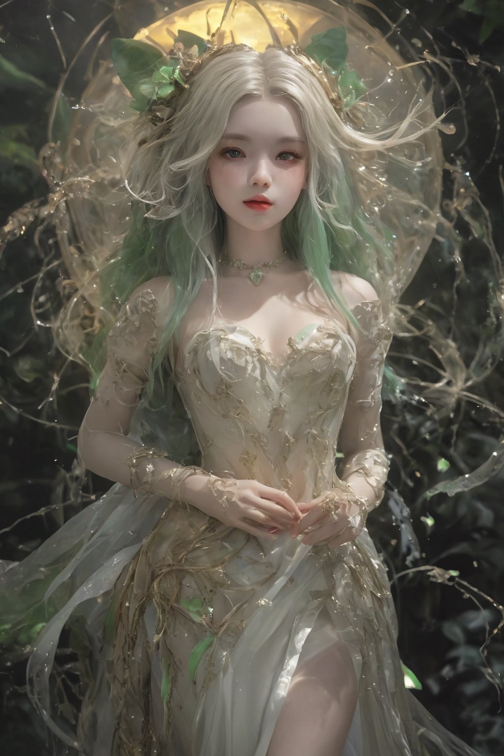 splash art, digital painting, alcohol ink painting, luminism, golden lines, BjD doll face, porcelain skin, baroque, long swirling green hair, lavish green leaves, falling blue flowers, celestial lighting, butterflies, tree branches, sky, golden glowing, water drops,

best quality, masterpiece, high res, absurd res,
perfect lighting, vibrant colors, intricate details,
high detailed skin, pale skin,
,HUBGGIRL, HUBG_Mecha_Armor