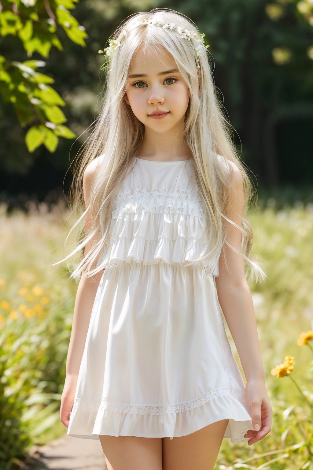 extra resolution, portrait of adorable AIDA_LoRA_HanF:1.13 standing outdoors looking at the camera, sunlight,, aborable girl, white hair, pretty face, short dress skin tight, intimate, composition, studio photo, kkw-ph1,Detailedface, full body, legs showing, thighs visible