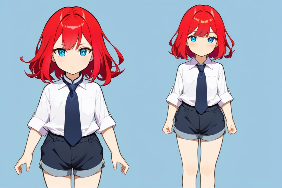 (masterpiece), 1 cat girl,shirt,neckties, shorts, best quality, expressive eyes, perfect face,  blue eyes,  ,narrow waist, full_body , looking-at-viewer,chara-sheet, scarlet hair,