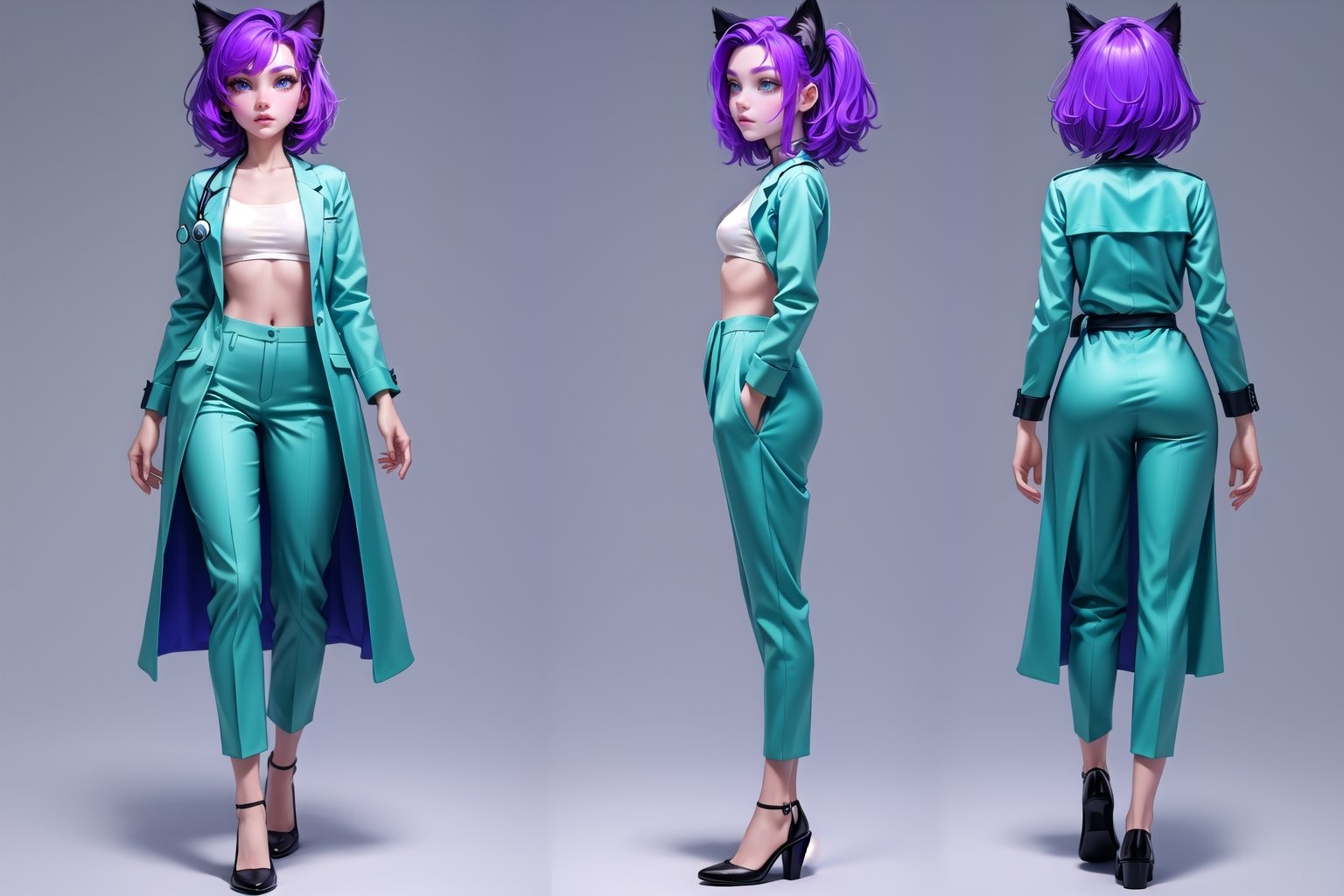 (masterpiece), 1 cat girl,doctor suit, trousers, best quality, expressive eyes, perfect face,  green eyes,  ,narrow waist, full_body ,  purple hair,shor hair,simple background,