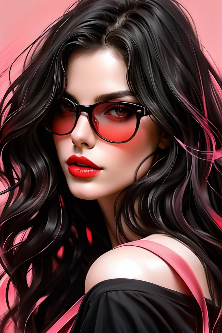 pencil Sketch of a beautiful  woman 25 years old, , black long hair, red shades, disheveled alluring, portrait by Charles Miano, ink drawing, illustrative art, soft lighting, detailed, more Flowing rhythm, elegant, low contrast, add soft blur with thin line, full pink lips, black eyes, black- pink clothes.