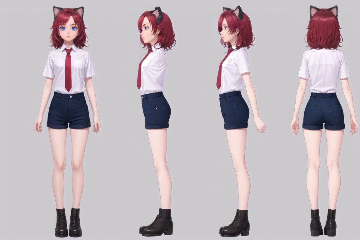 (masterpiece), 1 cat girl,shirt,neckties, shorts, best quality, expressive eyes, perfect face,  blue eyes,  ,narrow waist, full_body , looking-at-viewer,chara-sheet, scarlet hair,