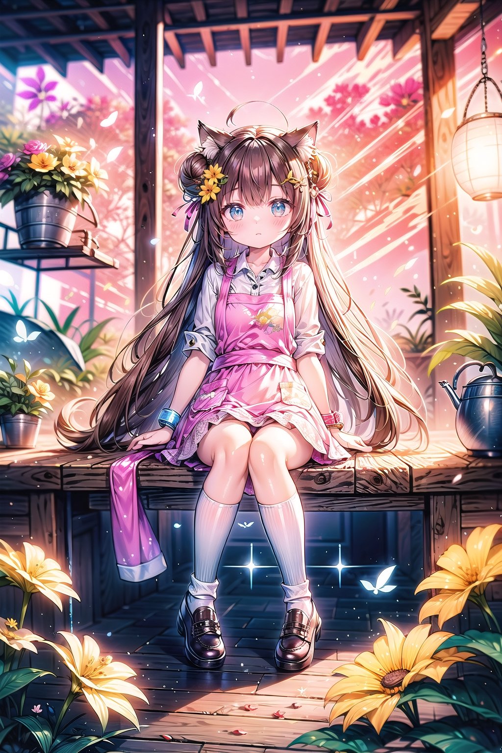 (masterpiece), 1girl, solo, animal, white flower, shirt, animal ears, flower, very long hair, collared shirt, hair bun, socks, long hair, black socks, gloves, green eyes, apron, holding, sitting, hair ornament, blush, parted lips, bangs, looking at viewer, tail, yellow flower, pink footwear, white shirt, animal ear fluff, brown hair, bird, kneehighs, full body, skirt, rose, potted plant, double bun, watering can, hairclip, shoes, grey skirt,light,anime