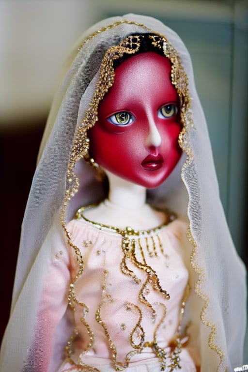 1girl, solo, long hair, breasts, looking at viewer, black hair, navel, jewelry, green eyes, collarbone, midriff, lips, see-through, gem, veil, circlet, realistic, arabian clothes, mouth veil, EpicDoll, doll,doll