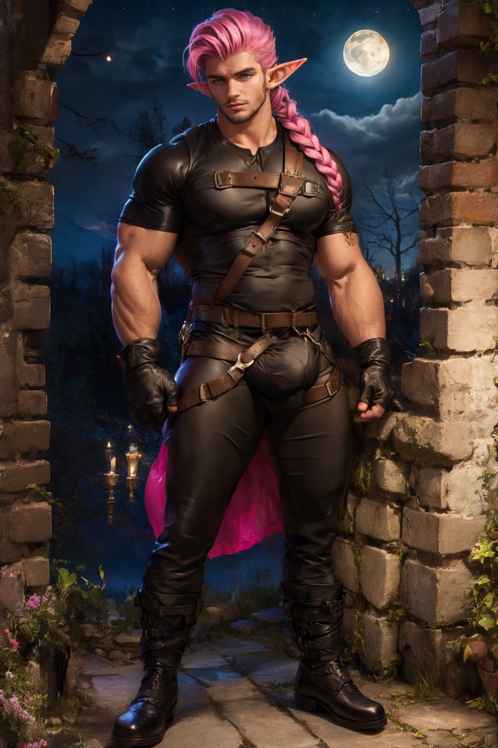 1man, long gloves , shirt, black leather, blue eyes, cables, wires, pink braid hair , leather boots  ,wearing skirt, night ,harness ,Hairy,elf ears,Big bulge Behind the pants