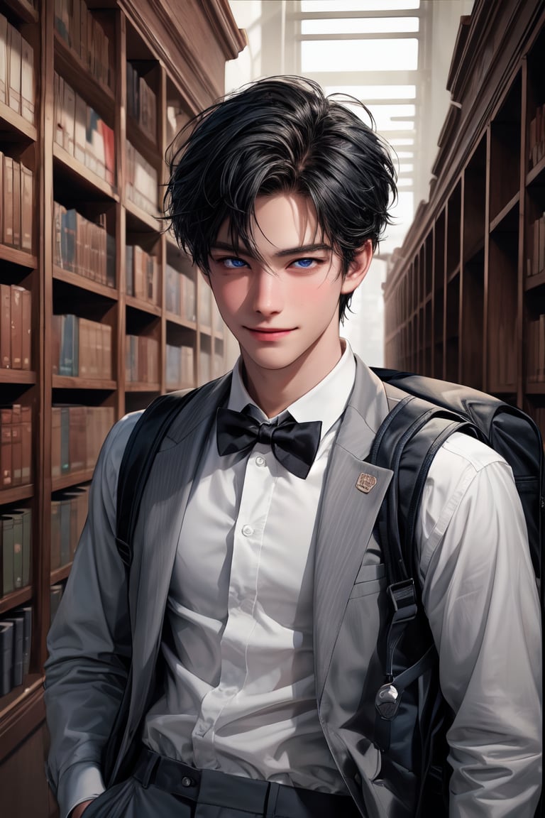 1boy, sexy wink. He is very handsome, he wears a high school uniform (white shirt, black bowtie, pants, backpack, books). detailed image, detailed skin. trendy hairstyle, blue eyes, black hair, sad and confused, close-up, Heleans a little, standing, medium long shot, luxurious library in background, tender smile.,cute,boy,Add more detail. The podium. Masterpiece, detailed study of the face, beautiful face, beautiful facial features, perfect image, realistic shots, detailed study of faces, full-length image, 8k, detailed image. an extremely detailed illustration, a real masterpiece of the highest quality, with careful drawing.