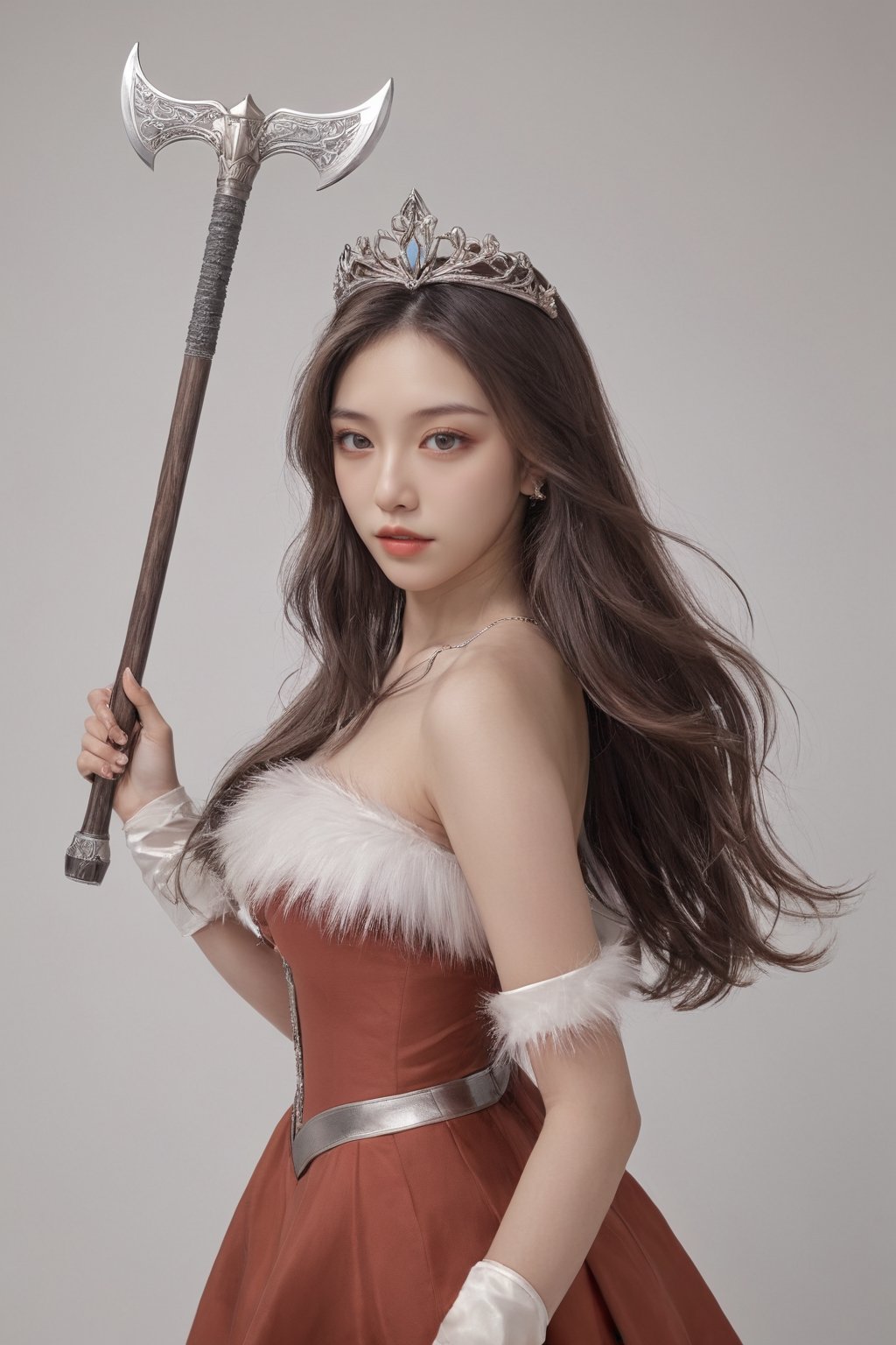 (ultra realistic,best quality),photorealistic,Extremely Realistic, in depth, cinematic light,hubggirl,full body shot:1.35,from below,

Elf, red dress, Tiara, long hair, solo, Platinum hair, holding, gloves, holding weapon, blush, simple background, holding Axe, long hair, closed mouth, full body, white background, standing, 1girl, golden eyes, masterpiece, best quality, aesthetic, illustration, big eyes, beautiful korean idol, looking at viewer,

ultra-realistic detail, Ultra detailed, The composition imitates a cinematic movie, The intricate details, sharp focus,
