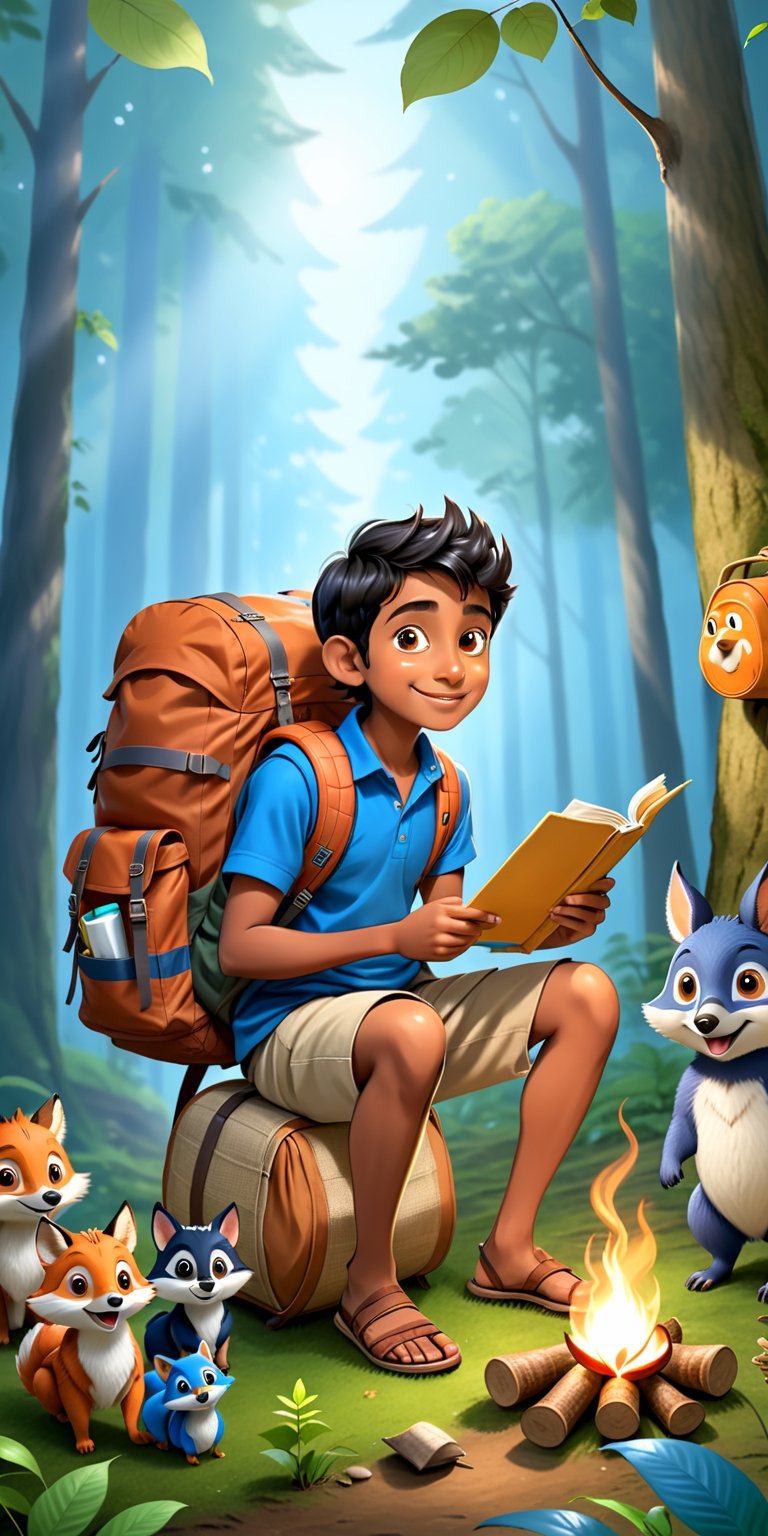 Kabir packing his knapsack with provisions, ready to embark on his grand adventure.. add carttonsh look, sharing stories with a group of curious woodland creatures gathered around a campfire.