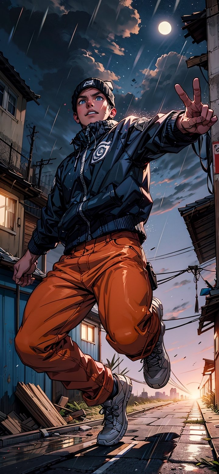 N4rut0, (masterpiece, best quality), Athletically built young man, blue eyes dynamic angle, slum buildings, raining, night sky,jumping from rooftop