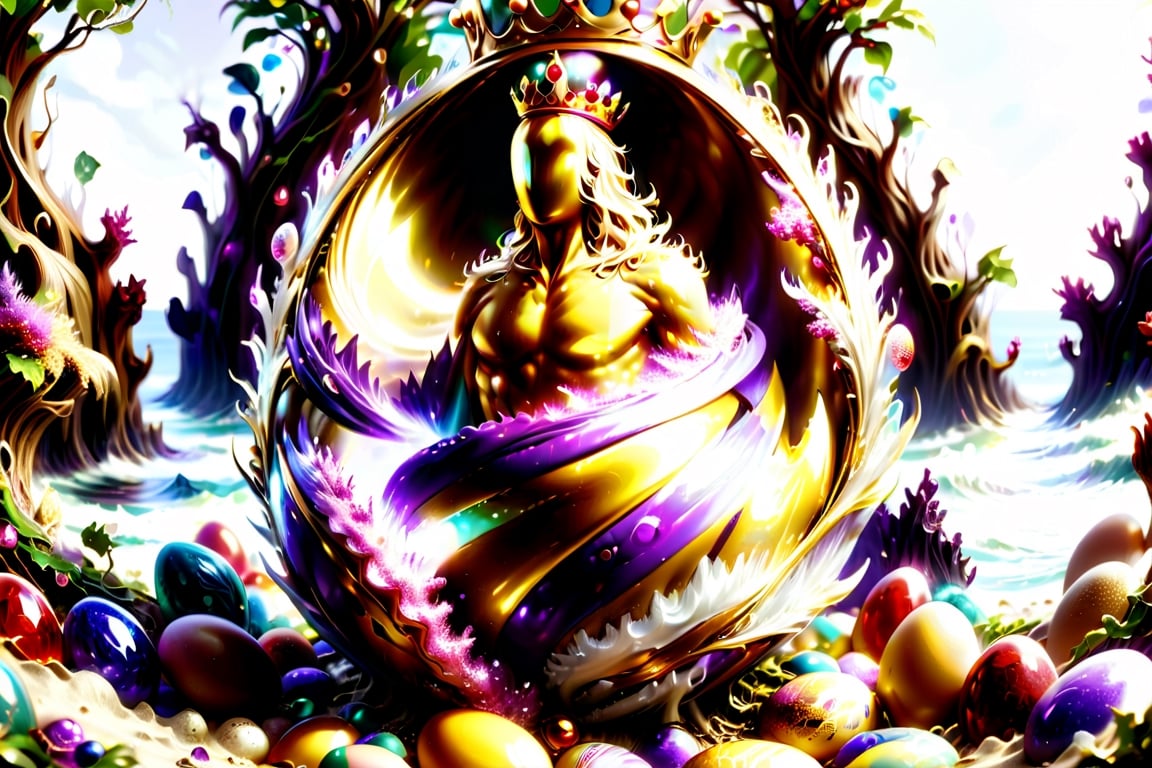 1large golden easter egg, lavish, extravagent, decorations, golded crown decorated with rubies and gems atop, having an aura of purple & gold, surounded by many smaller multi colored eggs, reefs and vines ,aw0k,DonM3l3m3nt4lXL