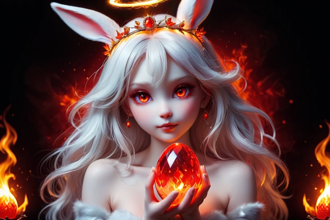 beautiful girl bunny, with a halo on her head, firey flaming red eyes, with a glowing bright crystal glass egg in her  hands,DonMD3m0nXL 