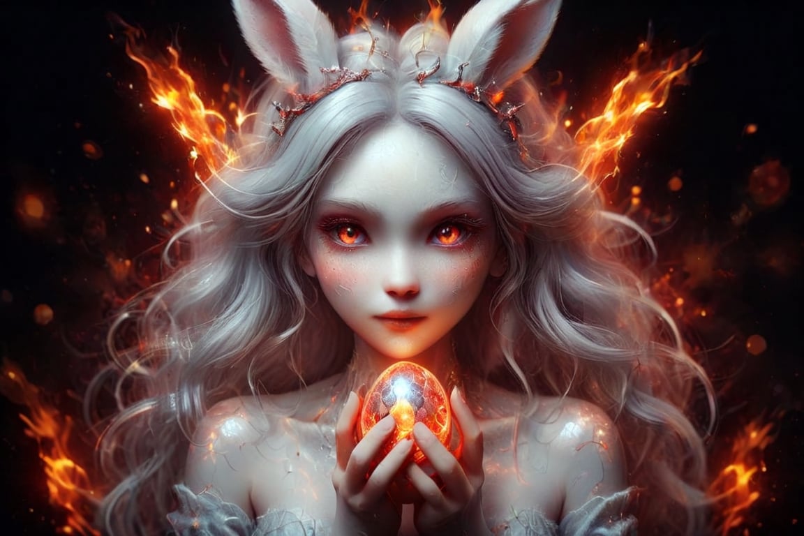 beautiful girl bunny, with a halo on her head, firey flaming red eyes, with a glowing bright crystal glass egg in her  hands,DonMD3m0nXL 