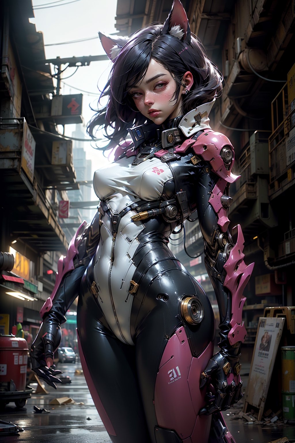 highres, Ultra HD, ultra detailed, cinematic poster, (1girl), Beautiful women with cat like ears wearing a suit (bodysuit) that is a tight fit. medium breasts, slime thicc,dressed in a dark red and purple mecha suit, stand in henshin pose, the background is a high-tech lighting scene of the future cyberpunk city, gleaming, sparkling light,wrenchsmechs,Mecha