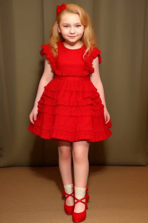 Abigail Breslin 12 years old, full body view beautiful girl, with wavy blonde hair, in a fluffy dress, with ruffles, red shoes, flirtatious look ,Abigail Breslin