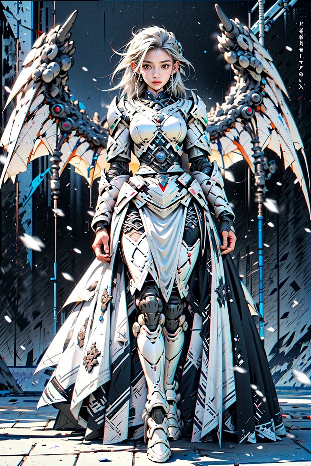 4k,ultra detailed, best quality, masterpiece, 20yo 1girl, ((Full body armor,complex multi-layered mecha armor, scale armor, many complex armor elements, ultra light tight armor, no helmet, insane detail full leg armor)) ((( long wings ,1black other is white)))

grey hair, long hair, (Beautiful and detailed eyes),
Detailed face, detailed eyes, double eyelids, real hands, ((short hair with long locks:1.2)), black hair, black background,


real person, color splash style photo,
,dragon ear,cool