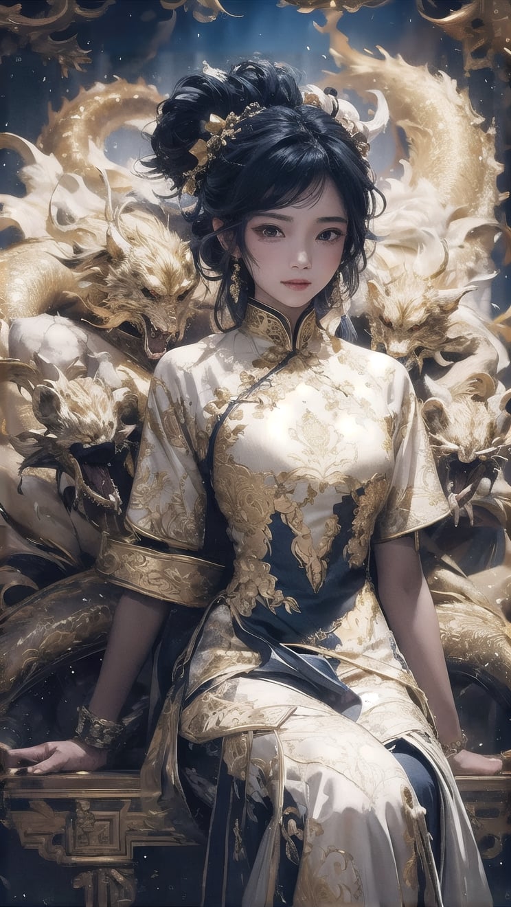 //quality
masterpiece, best quality, aesthetic, 
//Character
1girl, (large breasts:1.1), 
beautiful detailed eyes, big eyes, bun hair
//Fashion
The girl, dressed in a (Cheongsam adorned with a golden dragon on a black background:1.0), exudes elegance and mystery in her beautiful appearance. Her hair is black and glossy, styled elegantly. Her expression is gentle, with a constant smile that seems to bring happiness to those around her. The Cheongsam fits her body perfectly, with intricate dragon patterns delicately drawn throughout.
//Background 
(watercolor:0.6)