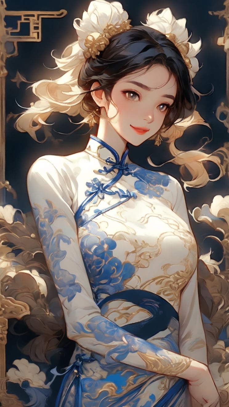 //quality
masterpiece, best quality, aesthetic, 
//Character
1girl, (large breasts:1.1), 
beautiful detailed eyes, big eyes, bun hair
//Fashion
The girl, dressed in a (Cheongsam adorned with a golden dragon on a black background:1.0), exudes elegance and mystery in her beautiful appearance. Her hair is black and glossy, styled elegantly. Her expression is gentle, with a constant smile that seems to bring happiness to those around her. The Cheongsam fits her body perfectly, with intricate dragon patterns delicately drawn throughout.
//Background 
(watercolor:0.6)