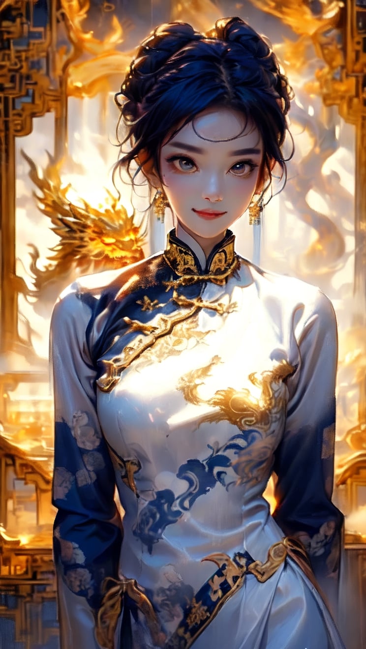 //quality
masterpiece, best quality, aesthetic, 
//Character
1girl, (large breasts:1.1), 
beautiful detailed eyes, big eyes, bun hair
//Fashion
The girl, dressed in a (Cheongsam adorned with a golden dragon on a black background:1.0), exudes elegance and mystery in her beautiful appearance. Her hair is black and glossy, styled elegantly. Her expression is gentle, with a constant smile that seems to bring happiness to those around her. The Cheongsam fits her body perfectly, with intricate dragon patterns delicately drawn throughout.
//Background 
(watercolor:0.6)