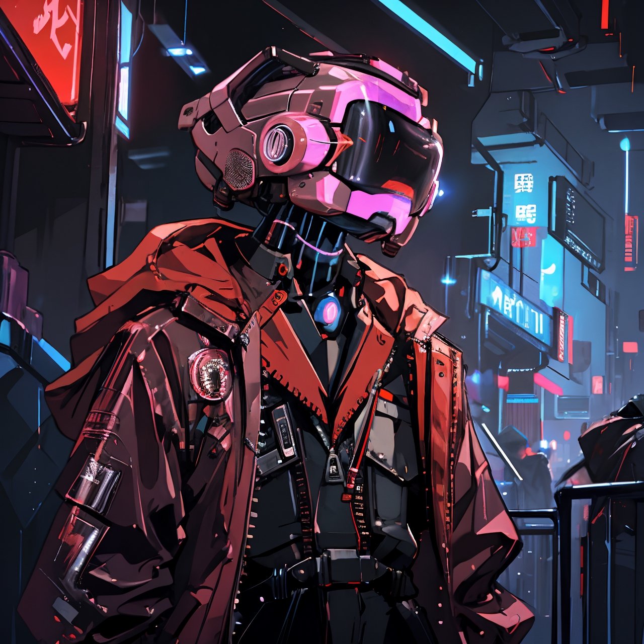 4k, anime, cyberpunk, cyber city, solo, male, no humans, faceless, upper body, retro robot, Box as head, mecha Jumpsuit,head-mounted display, glasses
