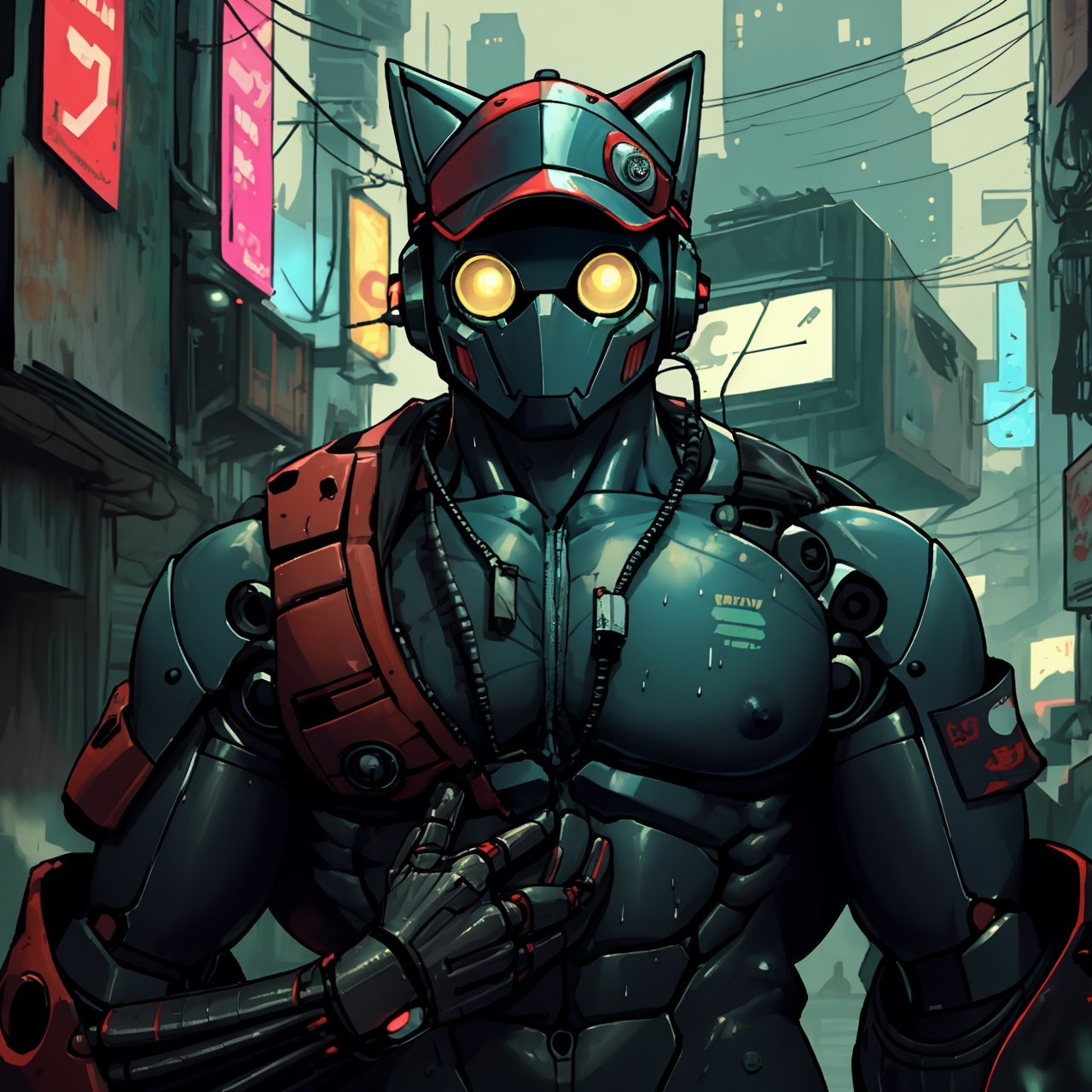 4k, cyberpunk, cyber city, solo, male, no humans, faceless, upper body, nude, muscular, nipples, veins, sweating, tech wear, huge pecs, pectorals, huge nipples, retro robot, sci-fi, sexrobot, White eyes, nekomimi baseball_cap,full_mask, cute, VIVI ORNITIER, cute00d