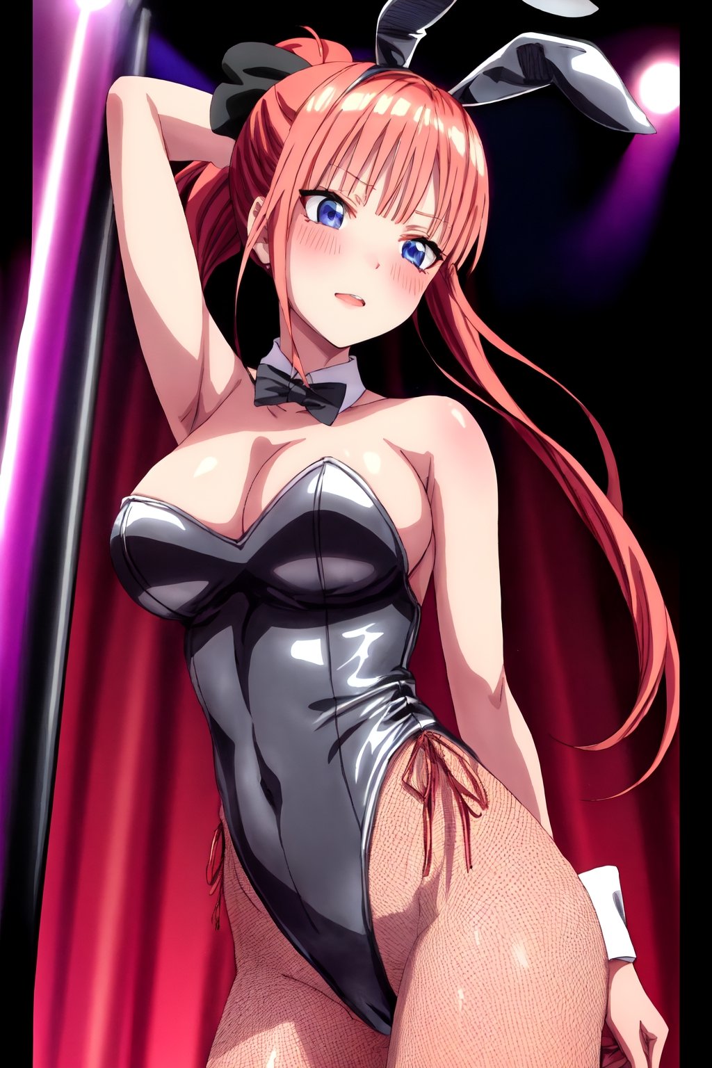 Highly detailed, High quality, Masterpiece, Beautiful, high detailed, high detailed background, (long shot), scenary,  strip club, nwon lights, stage, Anime, one girl, solo , nino nakano, long ponytail, arms_above_head looking_at_the_viewer, dancing, satin leotard, strapless, bunny ears, playboy bunny leotard, bow tie, pole dance, stripper pole, pole dancer