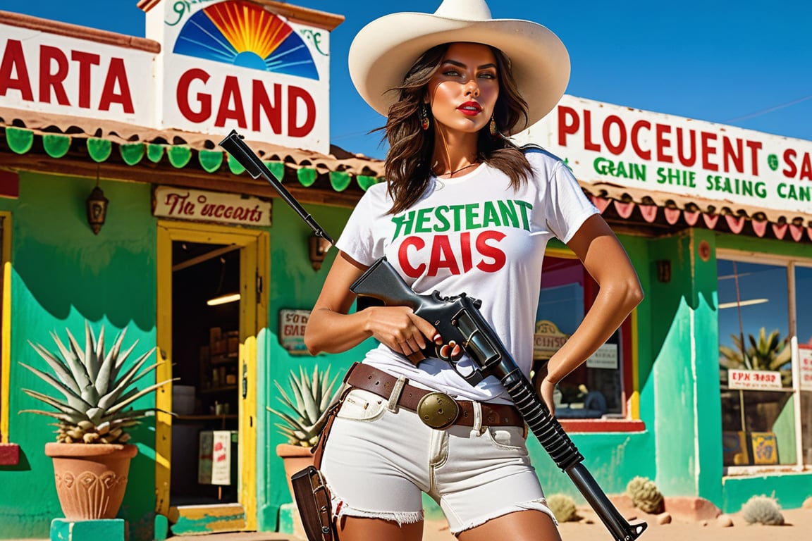 A desert oasis, once a bustling restaurant, now stands abandoned, its faded sign creaking in the wind. A siren, 55 and radiant, commands attention, her toned physique clad in a form-fitting white T-shirt with a bold text declaration "Yoghurt" . Close to her a vibrant tigrated green cat purrs aggressively. Confident stance, boots and Mexican hat, exude toughness as she holds an automatic gun at her hip. The grand angle, 10 meters away, frames her side profile, showcasing ultra-realistic details in a masterfully lit, high-resolution, 8k photoshoot.