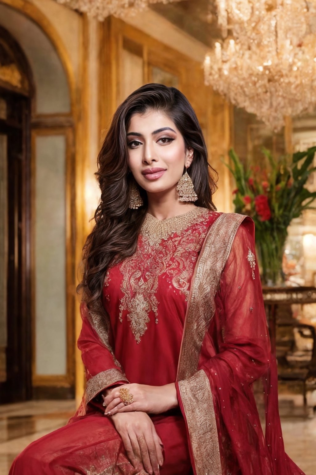 Envision a Pakistani woman dressed in a captivating red shalwar kameez, sitting elegantly in a luxurious hotel foyer, her chest subtly accentuated, exuding sophistication and grace, adorned with intricate jewelry and dangling earrings, Detailed digital drawing, using precise lines and shading to capture intricate details, --ar 16:9 --v 5