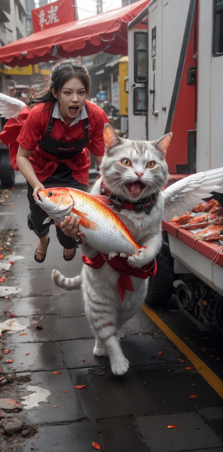 open mouth, ,long hair, 1 zombie girl , holding, red shirt,  focus, outdoors, teeth, apron, animal, (((fat, white, cat,wings))), ground vehicle, motor vehicle,ufo,,big goldfish, realistic, road, holding animal, street, photo background 