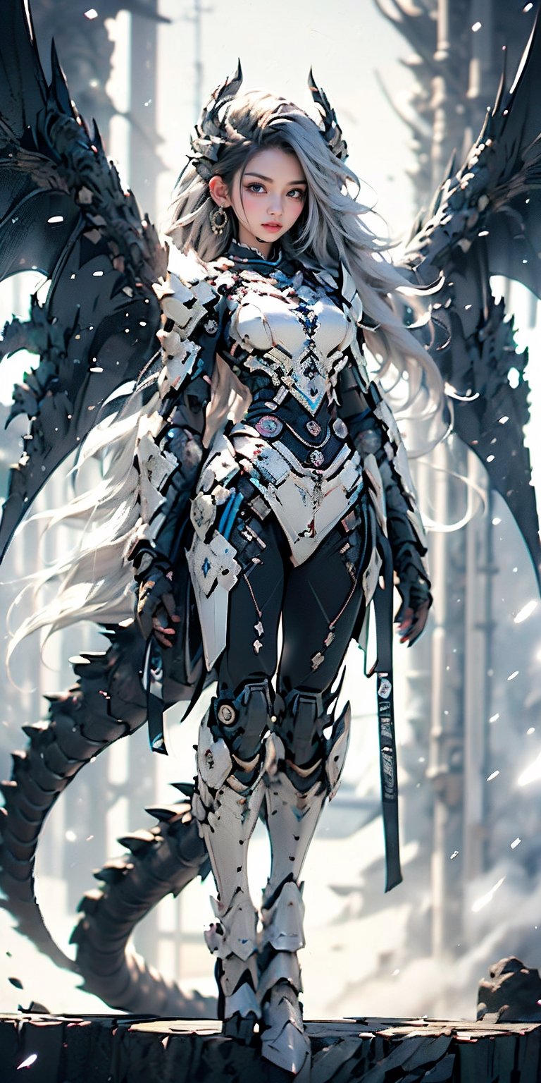 4k,ultra detailed, best quality, masterpiece, 20yo 1girl, ((Full body armor,complex multi-layered mecha armor, scale armor, many complex armor elements, ultra light tight armor, no helmet, insane detail full leg armor)) ((( long wings ,1black other is white)))

grey hair, long hair, (Beautiful and detailed eyes),
Detailed face, detailed eyes, double eyelids, real hands, ((short hair with long locks:1.2)), black hair, black background,


real person, color splash style photo,
,dragon ear,cool