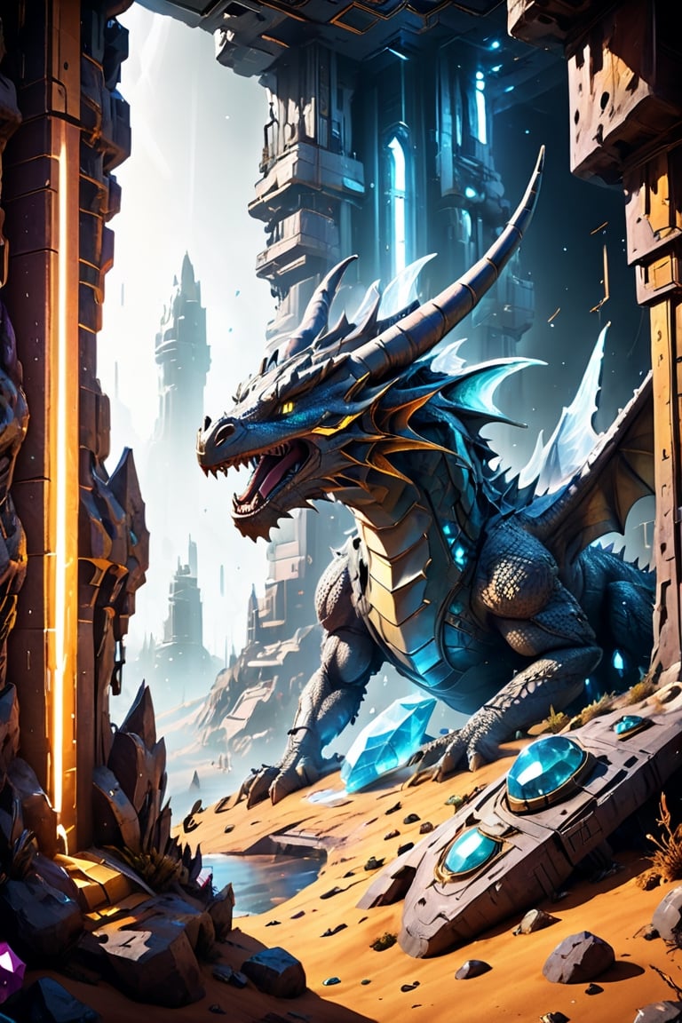 A dragon made of crystals flying in space and creating a portal ,a sci-fi spaceship in the background persuing it, epic anime style, photorealism, futuristic, Comic Book-Style