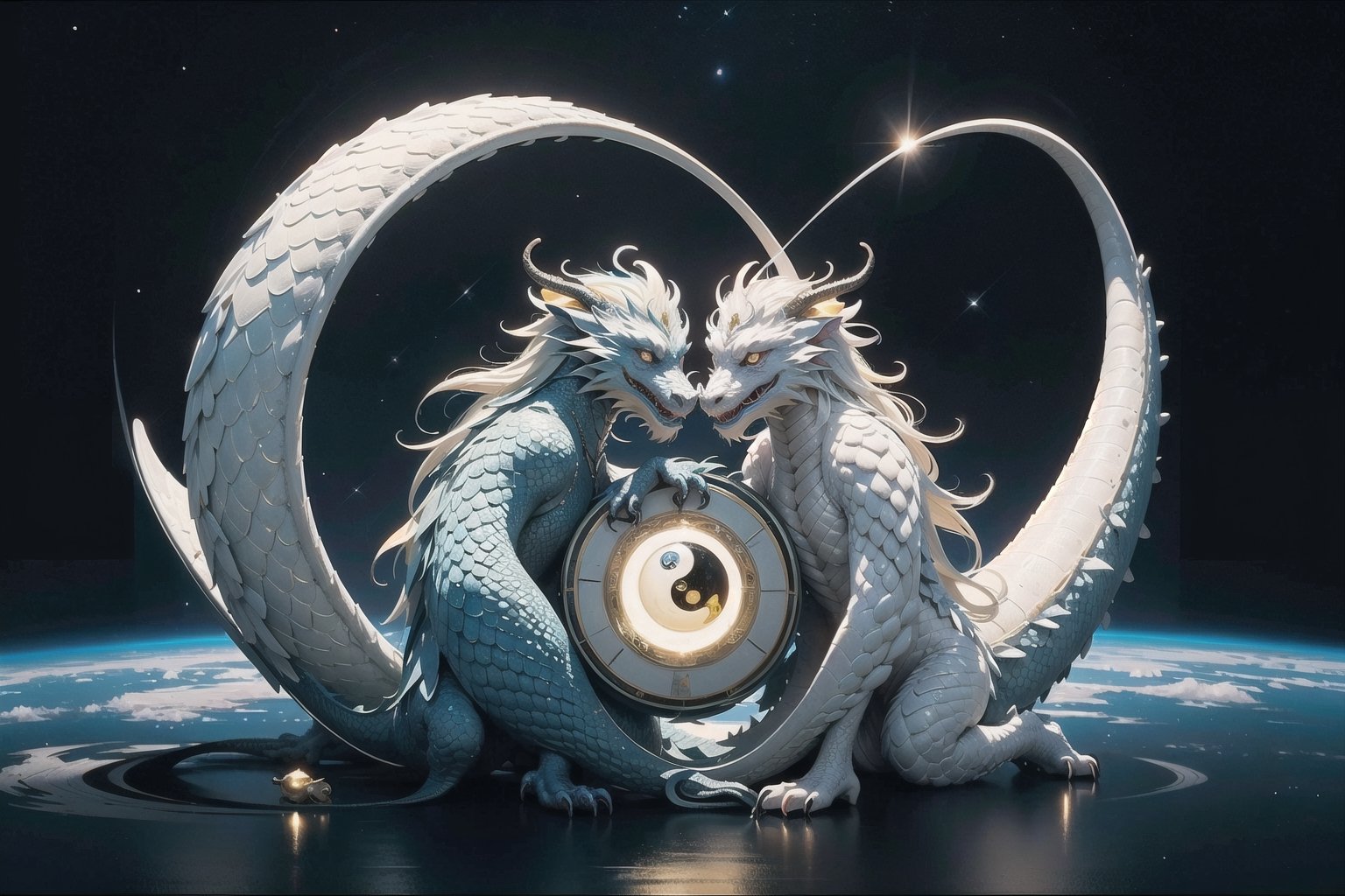 (masterpiece), science fiction, a yin yang formed by 2 dragons, the first dragon is colorful and made of crystals, the second dragon is white and has ivory scales,dragon, space and stars in background with a black hole in distance
,long