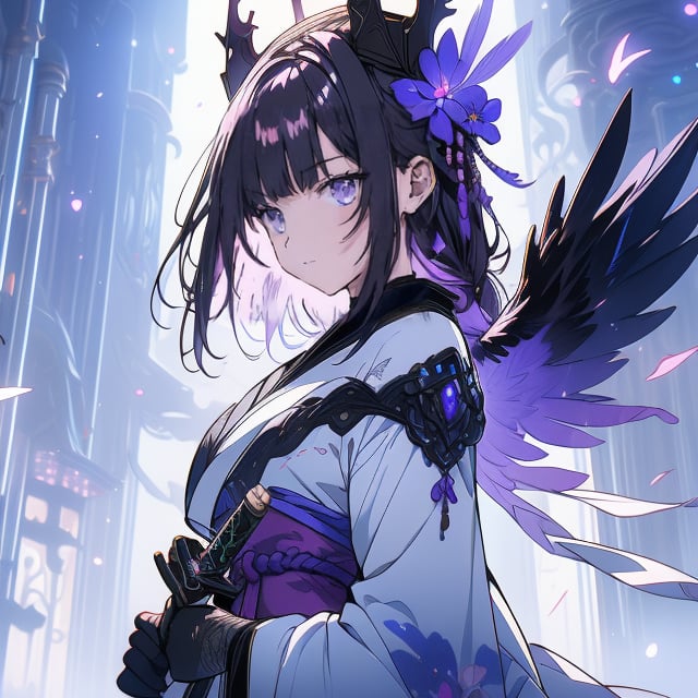 A highly detailed digital illustration. An anime-style girl. Long, white hair. Glowing, purple eyes. Intricate, black hairpiece. Thorn-like crown. Delicate face.

Detailed, ornate outfit. Flowing, white and pink kimono. Floral patterns. Black gloves. Elegant sleeves. Ribbon accents.

Large, ethereal wings. Iridescent feathers. Black and purple hues. Shimmering light effects. Mystical aura. Magical glow.

The girl is holding a long, ornate samurai sword. Glowing purple blade. Detailed hilt. Intricate design. Engraved patterns. Radiant energy. Glowing blade.

Abstract background. Light and shadow contrasts. Futuristic elements. Dreamlike atmosphere. Surreal environment. Fantasy setting.

Overall composition. Detailed textures. Vibrant colors. Surreal and mystical theme. Fantasy anime art.