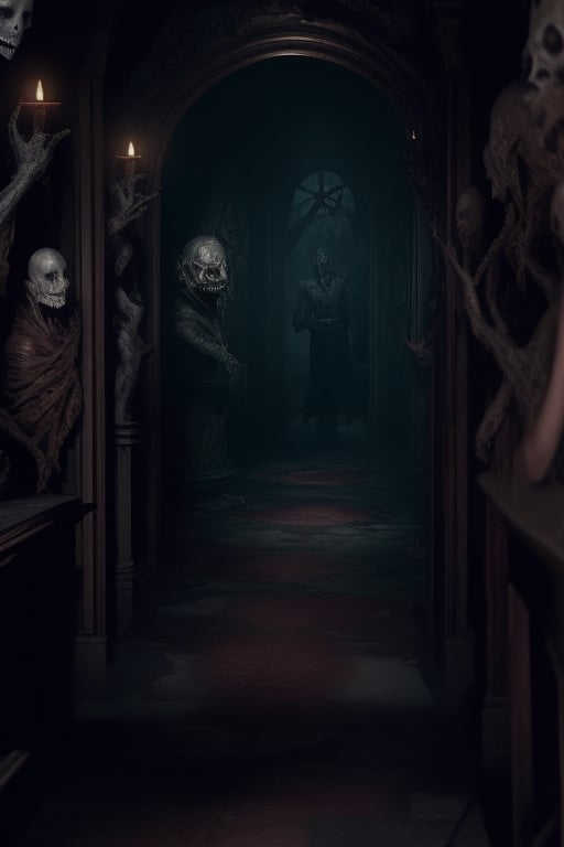 a nightmarish mansion, a dark hallway beckons, horrifying reliefs look upon the viewer, fov, detailed, complex background, dr. calligari style