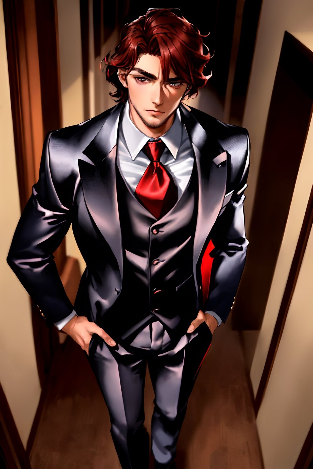 (absurdres, highres, ultra detailed), (1 male, solo, adult, mature, aged up, tall guy, broad shoulders, handsome), wavy red hair, brown eyes, (Diamon face, thick neck, thick eyebrows), nice suit, extremely detailed face, show full body, handsome_male.1boy
