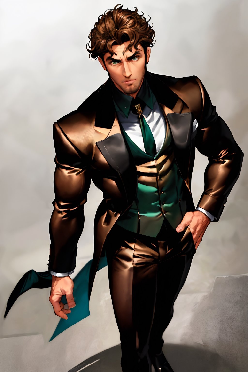 (absurdres, highres, ultra detailed), (1 male, solo, adult, mature, aged up, tall muscular guy, broad shoulders, handsome), wavy brown curly  hair, green eyes, (angular jaw, thick neck, thick eyebrows), nice jacket, extremely detailed face, full body, handsome_male.