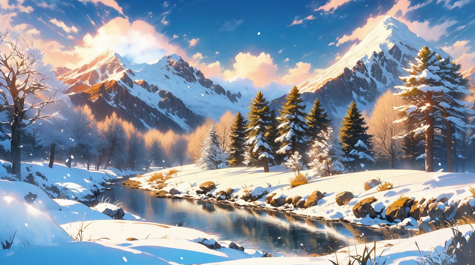 ((a large mountain of snow)) at the end of a landscape (full of flowers and green grass), a small river, the sky a sunrise, fluffy clouds, pine trees,